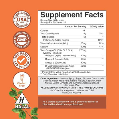 Omega 3 Gummies for Adults - Vegetarian Omega 3 6 9 DHA Gummies for Brain Bone and Heart Health and Joint Support - Burpless Fish Free Plant Based Supplement Men Women - 60 Count