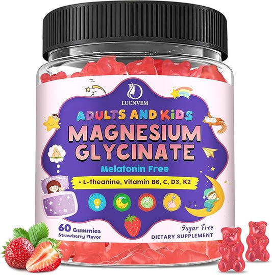 Magnesium Glycinate Gummies for Kids 4+ & Adults- Magnesium Glycinate 150/300 mg for Natural Sleep, Relaxation & Calm Support, Melatonin Free, Sugar Free Strawberry Flavor, 60 Ct