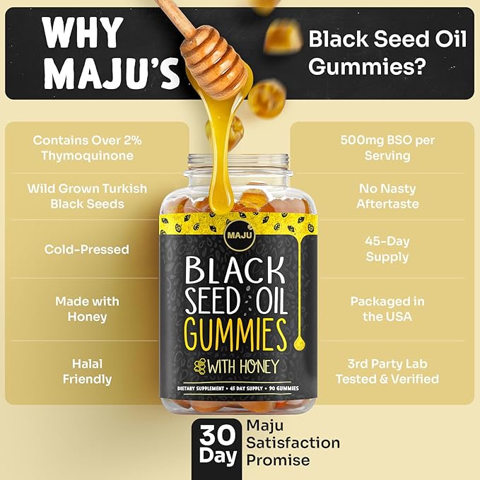 MAJU's Black Seed Oil Gummies with Honey 90ct, 500mg BSO Gummy, Black Cumin Seed Nigella Sativa Oil, Cold-Pressed, Potent Formula, 90ct (2-Pack)