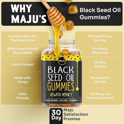 MAJU's Black Seed Oil Gummies with Honey 90ct, 500mg BSO Gummy, Black Cumin Seed Nigella Sativa Oil, Cold-Pressed, Potent Formula, 90ct (2-Pack)