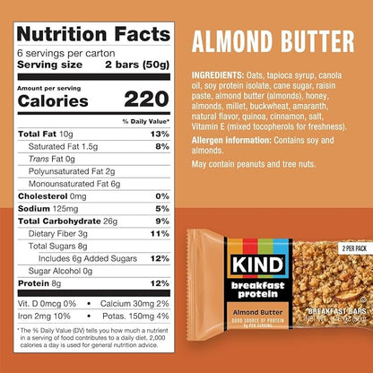 KIND Breakfast Protein Bars, Almond Butter, Healthy Snacks, Gluten Free, 8g Protein, 6 Count