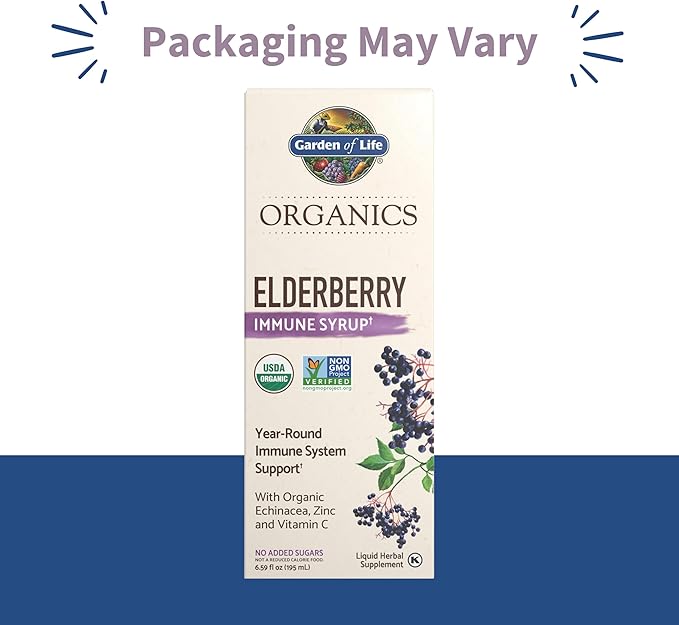 Garden of Life Organics Plant Based Elderberry Immune Syrup 6.59 floz (195 mL) for Kids & Adults - Sambucus, Echinacea, Zinc & Vitamin C, 0g Sugar, Organic Vegan Gluten Free Herbal Supplement