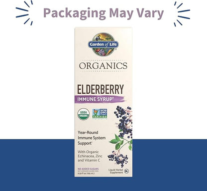 Garden of Life Organics Plant Based Elderberry Immune Syrup 6.59 floz (195 mL) for Kids & Adults - Sambucus, Echinacea, Zinc & Vitamin C, 0g Sugar, Organic Vegan Gluten Free Herbal Supplement