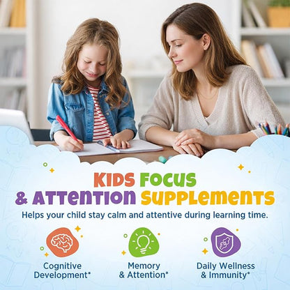 Kids Focus and Attention Supplements with Phosphatidylserine, L-Theanine, Omega-3 & Magnesium Glycinate - Kids Brain Vitamins Liquid Drops - Supports Concentration, Memory, Sleep & Mood, Strawberry