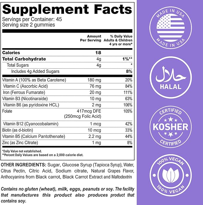 LIVS Iron Plus Gummies – 20mg Gentle Iron Supplement for Women & Men – Anemia Support – Vitamin C for Absorption – Biotin, Folate & B12 for Energy – Gluten Free, Vegan, Halal & Kosher – 180 Count
