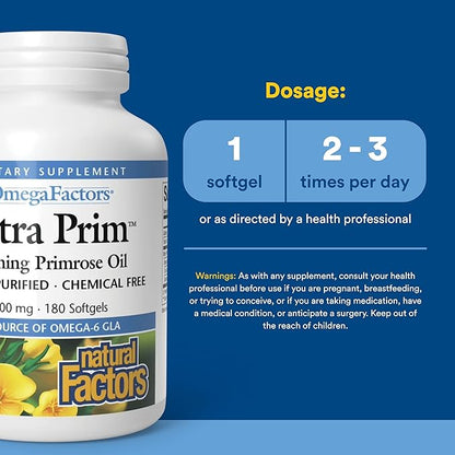 Natural Factors Omega Factors Ultra Prim Evening Primrose Oil 500 mg - Women's Health Supplement for Menopause & PMS Support - Non-GMO, Gluten-Free & Dairy-Free - 180 Softgels (180 Servings)