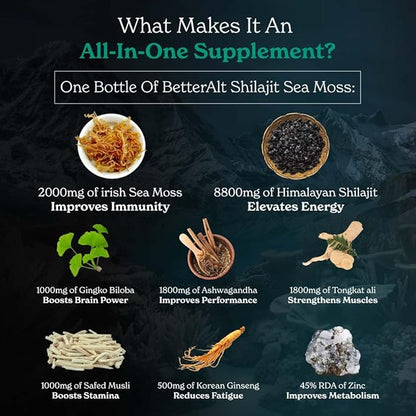 Better Alt Shilajit Sea Moss Capsules Pack of 2 with Ashwagandha & Black Pepper Extract with 85+ Essential Minerals & Antioxidants| Boosts Energy & Metabolism - 120 Servings, 240 Capsules