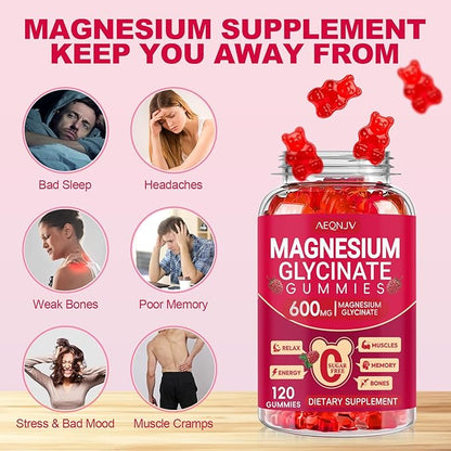 Magnesium Glycinate Gummies 600mg, Sugar Free Magnesium Gummies for Adults, Chewable Potassium Supplements for Body Support, Zzz and Relaxation, 120 Count