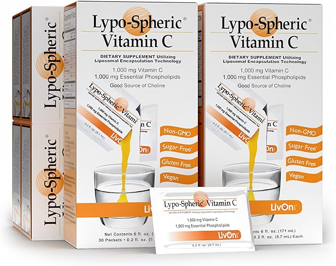 LivOn Laboratories Lypo–Spheric Vitamin C – 6 Cartons (180 Packets) – 1,000 mg Vitamin C & 1,000 mg Essential Phospholipids Per Packet – Liposome Encapsulated for Improved Absorption – 100% Non–GMO