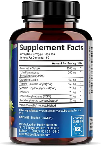 Glucosamine Chondroitin MSM Complex - 3X Strength Joint Support Supplement with Glucosamine Sulfate, Turmeric, Boswellia - For Cartilage, Mobility & Flexibility - Bottled in USA, 180 Capsules
