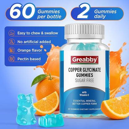 Copper Glycinate Gummies for Women, 2mg Chelated Copper with Vitamin C, High Absorption Copper Supplements for Women 25-44, Immune, Energy, Skin & Bone Health, 60 Count