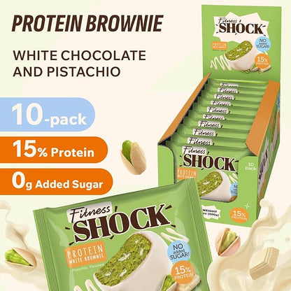 FitnesSHOCK Pistachio White Chocolate Protein Brownie – Low Sugar Dessert Snack (2g Total Sugar, No Added Sugar) – Healthy Snack – 10 Count