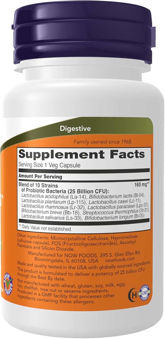 NOW Foods Supplements, Probiotic-10™, 25 Billion, with 10 Probiotic Strains, Dairy, Soy and Gluten Free, Strain Verified, 50 Veg Capsules