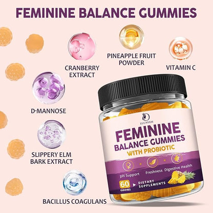 Feminine Balance Probiotic Gummies for Women – Support Vaginal Health, pH Balance, Freshness & Digestive Health – with Pineapple, Slippery Elm, Cranberry, D-Mannose – Sugar-Free, Pineapple Flavor