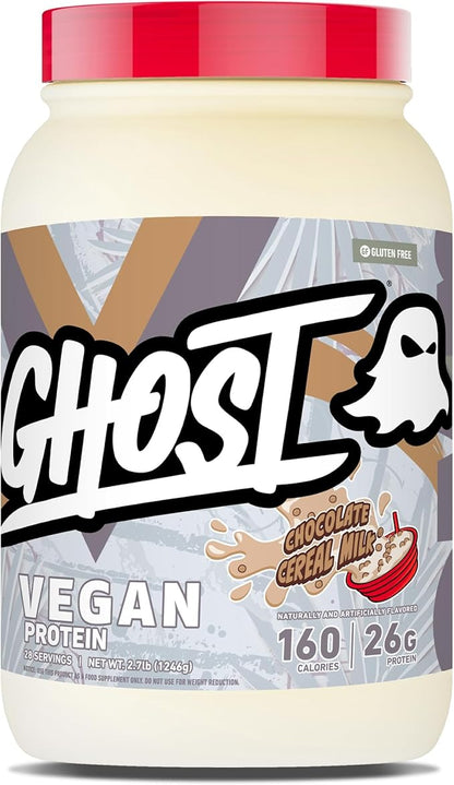 GHOST Vegan V2 Protein Powder, Chocolate Cereal Milk – 2.7LB Tub, 26G of Protein - Plant-Based Pea & Organic Pumpkin Blend Protein with Fiber & Iron - Flavored Post Workout Shakes - Soy & Gluten Free