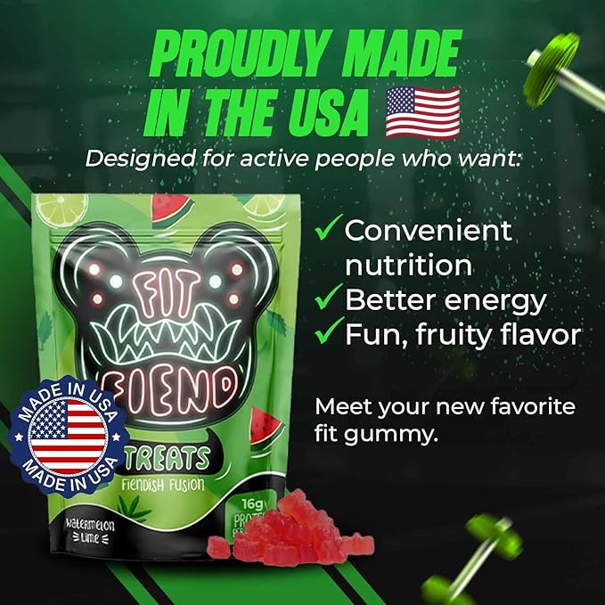 FitFiend High Protein Gummies, 16g of Protein Gummy Snacks for Adults, Healthy Snack Gummy Bears Candy Alternative Gummys for Post Workout Muscle Recovery Women Men - Watermelon Lime