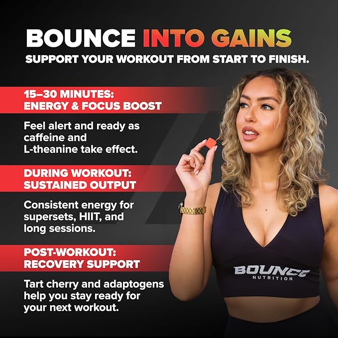 Bounce Pro Shred Blend Pre Workout Gummies – Raspberry Peach – 50 Vegan Gummies with Caffeine, Ashwagandha & L-Theanine for Energy, Focus & Endurance (50 Count (Pack of 1), Raspberry Peach)