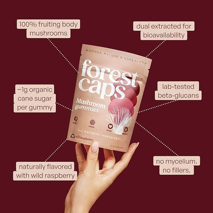 Forest Caps Mushroom Gummies – Lion’s Mane, Reishi & Cordyceps – Focus, Calm & Natural Energy – Organic Fruiting Body Extracts – Vegan, All Natural, Made in USA – 60 Count