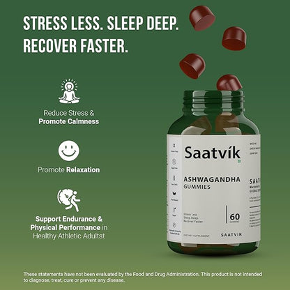 Saatvik Zero Sugar Ashwagandha & Vitamin D Gummy - 60 Count - Mixed Berry, KSM-66, Vegan, Plant Based, Non-GMO, Gluten-Free & Gelatin Free Relax. Restore. Unwind, Pack of 1
