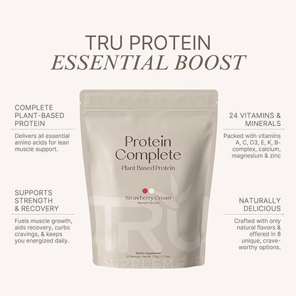 TRU Supplements Plant Based Protein Powder, BCAA, EAA, 20g Vegan Brown Rice & Pea Protein, 100 Calories, 27 Vitamins, No Artificial Flavors 25 Servings (Strawberry Cream)