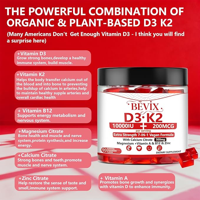 Vitamin D3 K2 Gummies,Sugar-Free,Vegan,Extra Strength,with Calcium Magnesium Zinc,for Immune Support,Bone Teeth Heart Health,for Adults,Non-GMO Gluten Gelatin Free