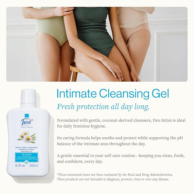 SwissJust Deo Intim Cleansing Gel 250ml. Feminine Wash Formulated with Rich Ingredients. A Delicate Cleansing Gel and pH Balancing Cleanser. Moisturizing Feminine Care & Gentle Wash
