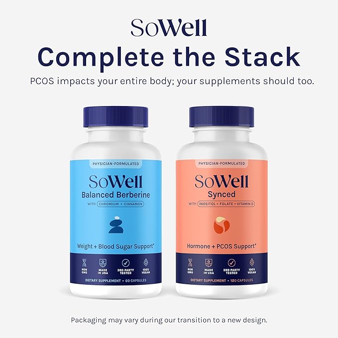 SoWell Synced Women’s Hormone Balance Supplement with Inositol, Vitamin D, and Folate for PCOS & Menstrual Cycle Support, 120 Capsules