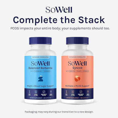 SoWell Synced Women’s Hormone Balance Supplement with Inositol, Vitamin D, and Folate for PCOS & Menstrual Cycle Support, 120 Capsules