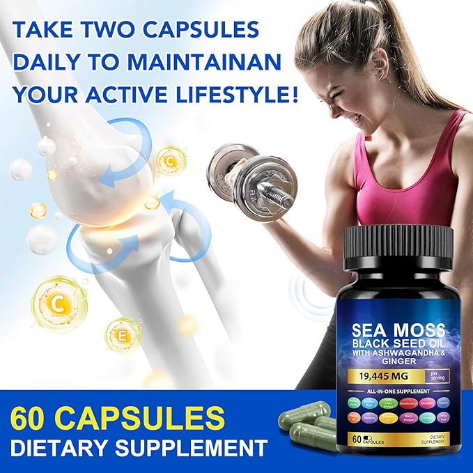 Sea Moss Black Seed Oil Ashwagandha Ginger Turmeric Capsules, Sea Moss Gummies Supplement with Burdock Root Bladderwrack Vitamin C Vitamin D3 Yellow Dock Iodine Chlorophyll ACV - 60 Count