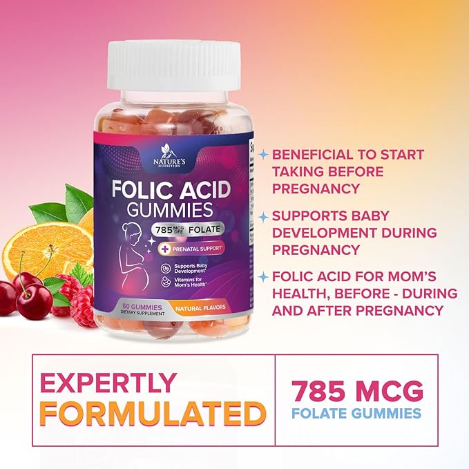 Folic Acid Gummies for Women - Folate 785 mcg Per Serving - Essential Prenatal Vitamins for Mom & Baby, Vegan Folic Supplement Gummy, Daily B9 Vitamin, Before During After Pregnancy - 60 Gummies
