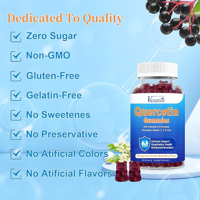 Quercetin with Bromelain Gummies, Quercetin with Vitamin C Zinc & Elderberry for Immune System & Allergy, Chewable & Vegan Gummies, 60 Cts
