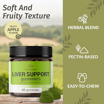 HERBAMAMA Liver Support Gummies - Herbal Complex for Liver Detox and Cleanse - Vegan, Non-GMO Overall Support Supplement - 60 Pectin-Based Apple-Flavored Chews