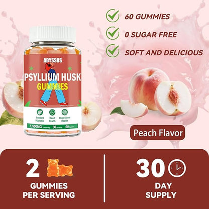 ABYSSUS Psyllium Gummies – Psyllium Husk Fiber Supplement 1500mg for Digestive Health, Sugar Free Chewable Bloating Relief & Regularity, Peach, 60 Count