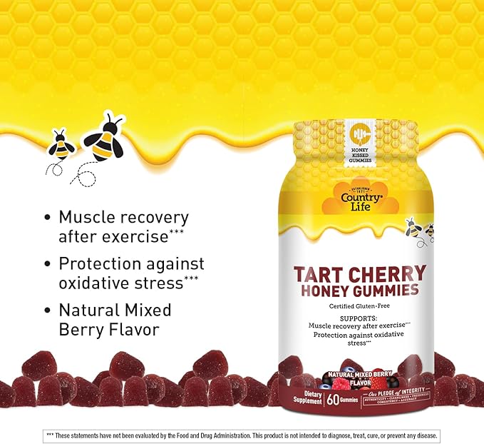 Country Life® Tart Cherry Honey Gummies - Non-GMO - Certified Gluten Free - Certified Vegetarian by AVA –to Support Muscle Recovery After Exercise***