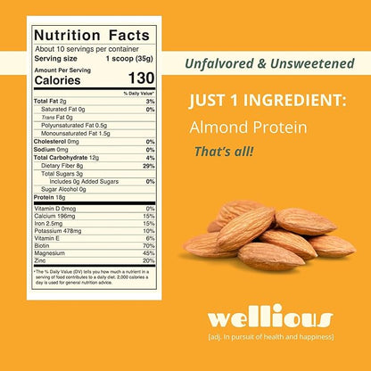 wellious Almond Protein Powder (Unflavored, Unsweetened) - 18 Grams of Pure Healthiest Vegan Protein for Women & Men | Soy-Free & Gut Friendly Protein Powder for Sports Nutrition