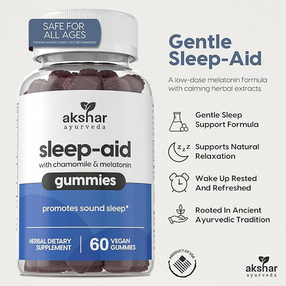 AKSHAR ayurveda – Sleep Gummies for Adults with Melatonin, Chamomile, Passionflower and Lemon Balm – 3mg Melatonin Gummies for Sleeping – Non-GMO Vegan Gluten Free Made in USA (60 Count)