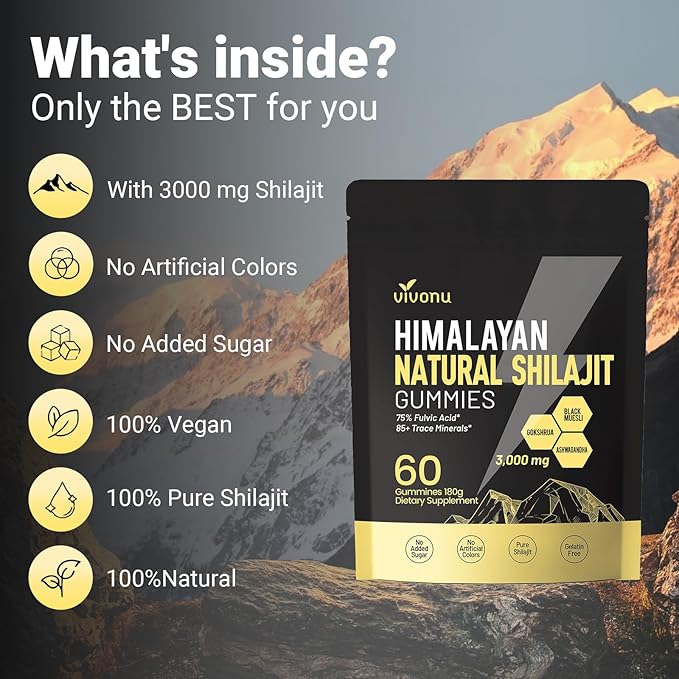 Shilajit Gummies with Ashwagandha & Gokshura | 85+ Trace Minerals & Fulvic Acid | Organic, Non-GMO Micronutrient Supplement for Men & Women | 100% Pure & Natural(3000mg / 3 Bag)