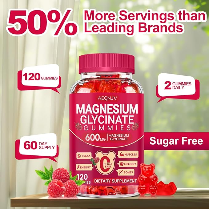 Magnesium Glycinate Gummies 600mg, Sugar Free Magnesium Gummies for Adults, Chewable Potassium Supplements for Sleep, Body Support and Relaxation, 2 Pack