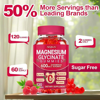 Magnesium Glycinate Gummies 600mg, Sugar Free Magnesium Gummies for Adults, Chewable Potassium Supplements for Sleep, Body Support and Relaxation, 2 Pack