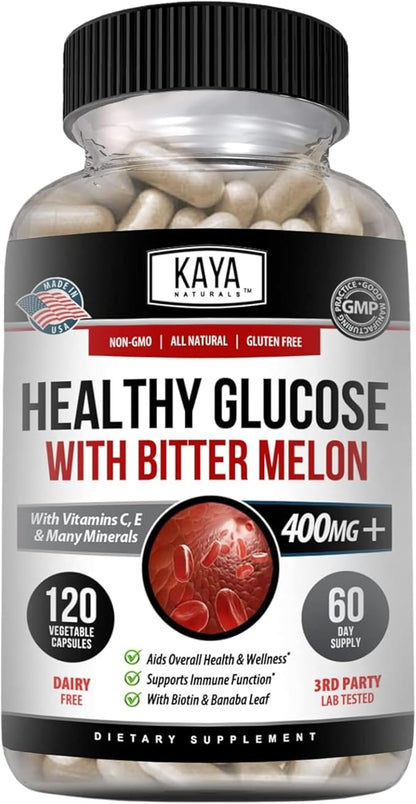Kaya Naturals Healthy Gluco with Bittermelon Supplement | Support Healthy Levels and Function, 20 Herbs Vitamins and Minerals, Alpha Lipoic Acide, Cinnamon, Vitamin C & E, Non-GMO (120 Count)
