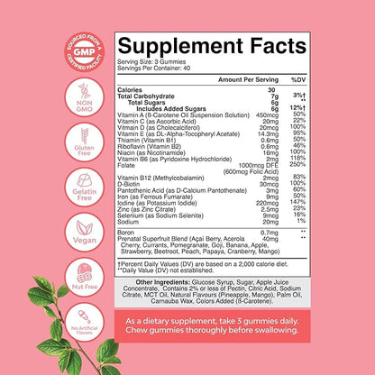 Natures Craft Vegan Prenatal Gummies for Women - Gummy Prenatal Vitamins for Women with Iron Folic Acid and Superfruit Blend - Chewable Vitamins Gummy Formula (Pineapple Mango) - 120 Count