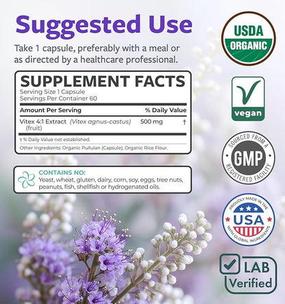 Organic Vitex Chasteberry Supplement for Women - High Strength Chaste Tree Berry Extract Supports Hormone Balance for Women from PMS to Menopause - Filler Free Vegan & Non-GMO (2 Month Supply)
