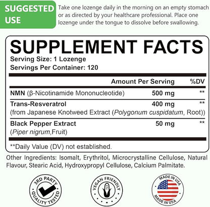 Sublingual NMN 500mg + Trans-Resveratrol 400mg, 3-in-1 Advanced Formula 99% Pure NMN Resveratrol Supplement for Boost* NAD, Cell, Immune, Energy & Muscle, Anti-Aging, 480 Lozenges (480 Days Supply)