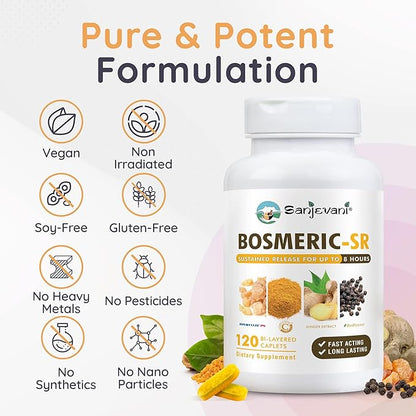 Joint Immune Support Supplement, Patented Blend Turmeric Curcumin C3 Complex with Black Pepper, Boswellia PS Extract & Ginger, Fast-Acting 20 minutes, 8-Hour Sustained Release, 120 Caplets - Sanjevani