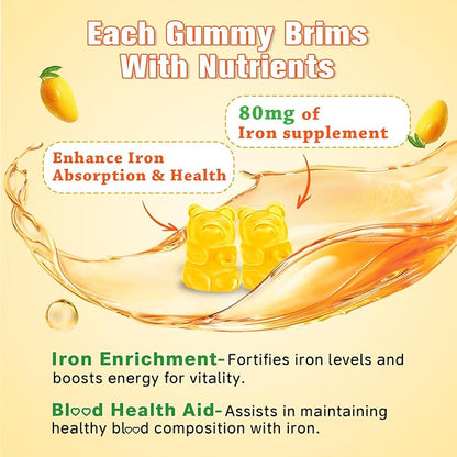 2 Pack Iron Gummies for Women & Men - Vegan Iron Supplement for Anemia & Iron Deficiency, with Vitamin B12, Vitamin C, Zinc, Folate - Energy Boost, Sugar-Free, Mango Flavor, 120 Count