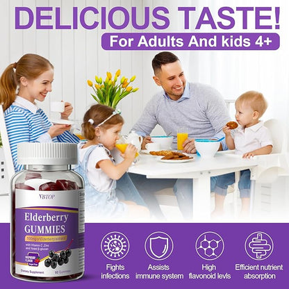 5-in-1 Sambucus Elderberry Immune Gummies, Daily Immune Support for Adults & Kids 4+, with Vitamin C, Zinc, Gluten Free, Vegetarian, Natural Sugar-Free Elderberry Supplement, 120 Gummies
