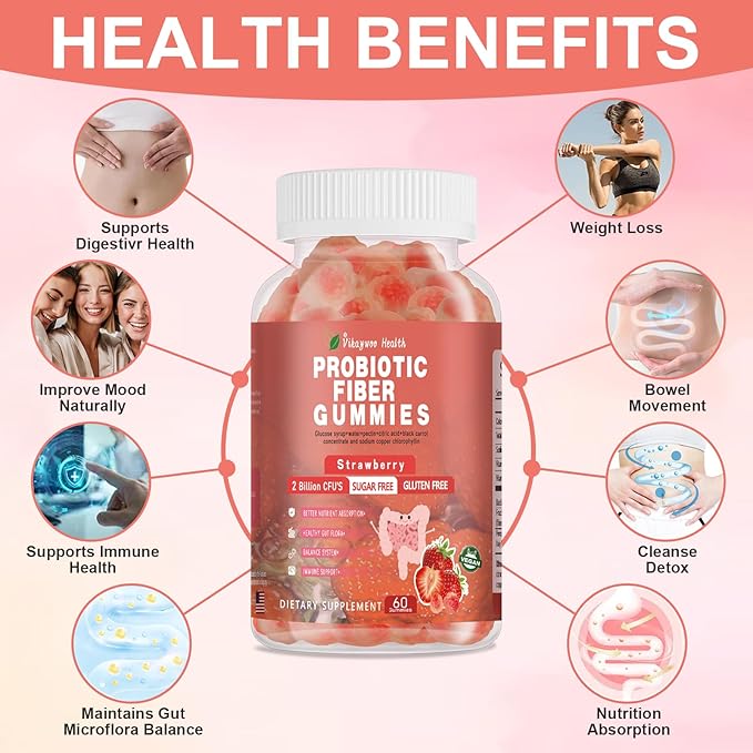 Probiotic Fiber Gummies for Adults, No Sugar Added Strawberry Flavor– 120 Billion CFUs –Vitamin C,Vitamin D–Digestive Health & Regularity Support(60 Count)