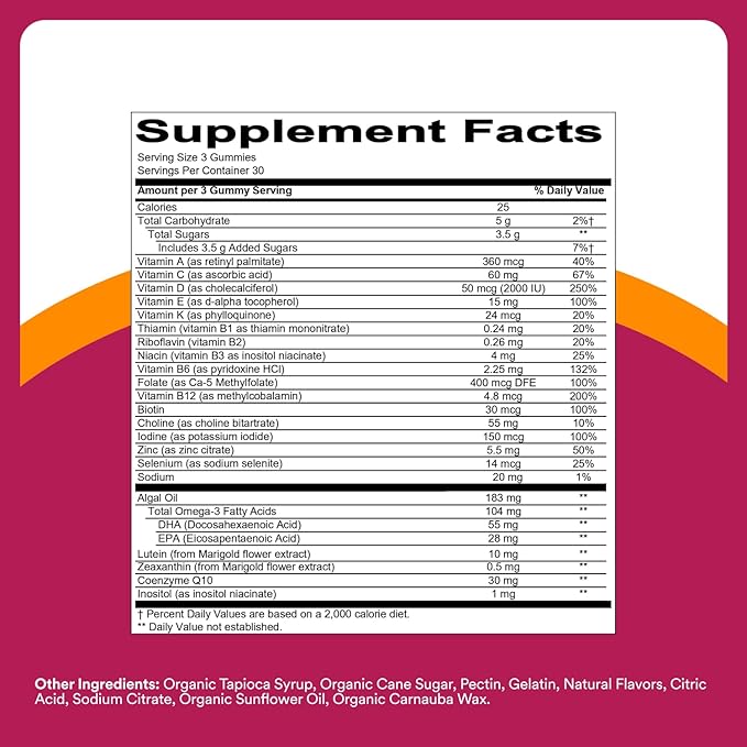 SmartyPants Multivitamin Gummy for Women 50 and Over, Omega 3 (DHA/EPA), Methylfolate, CoQ10, Vitamin D3, C, Vitamin B12, B6, A, K, Biotin, Gluten Free, 90 Count (30 Day Supply)