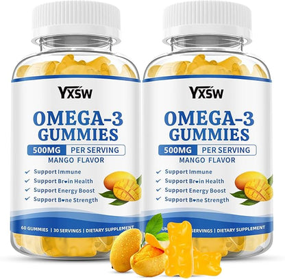Vegan Omega-3 Gummies 500mg, Omega 3 Fish Oil Alternative for Adults with Plant-Based EPA & DHA & Vitamin A, C, E for Brain, Eye & Immune Health, Sugar Free, Mango Flavor, 120 Count