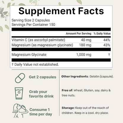 Pure Magnesium Glycinate 1,000mg, 300 Capsules | 100% Chelated for Max Absorption | Enhanced with Vitamin C | Only Uses Active Ingredients